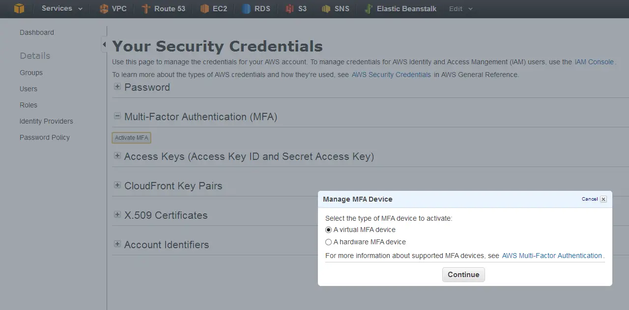 AWS MFA Step 1