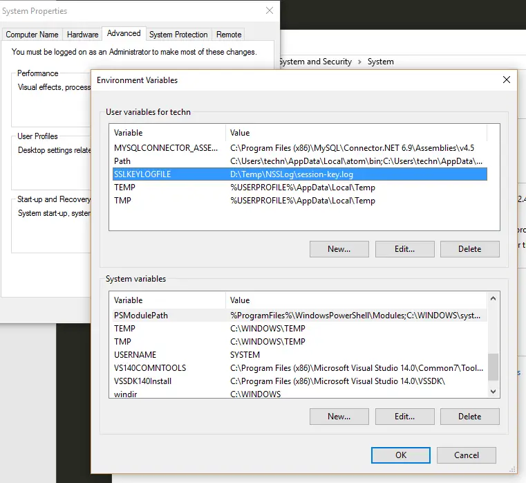 Windows environment variable to capture TLS session keys