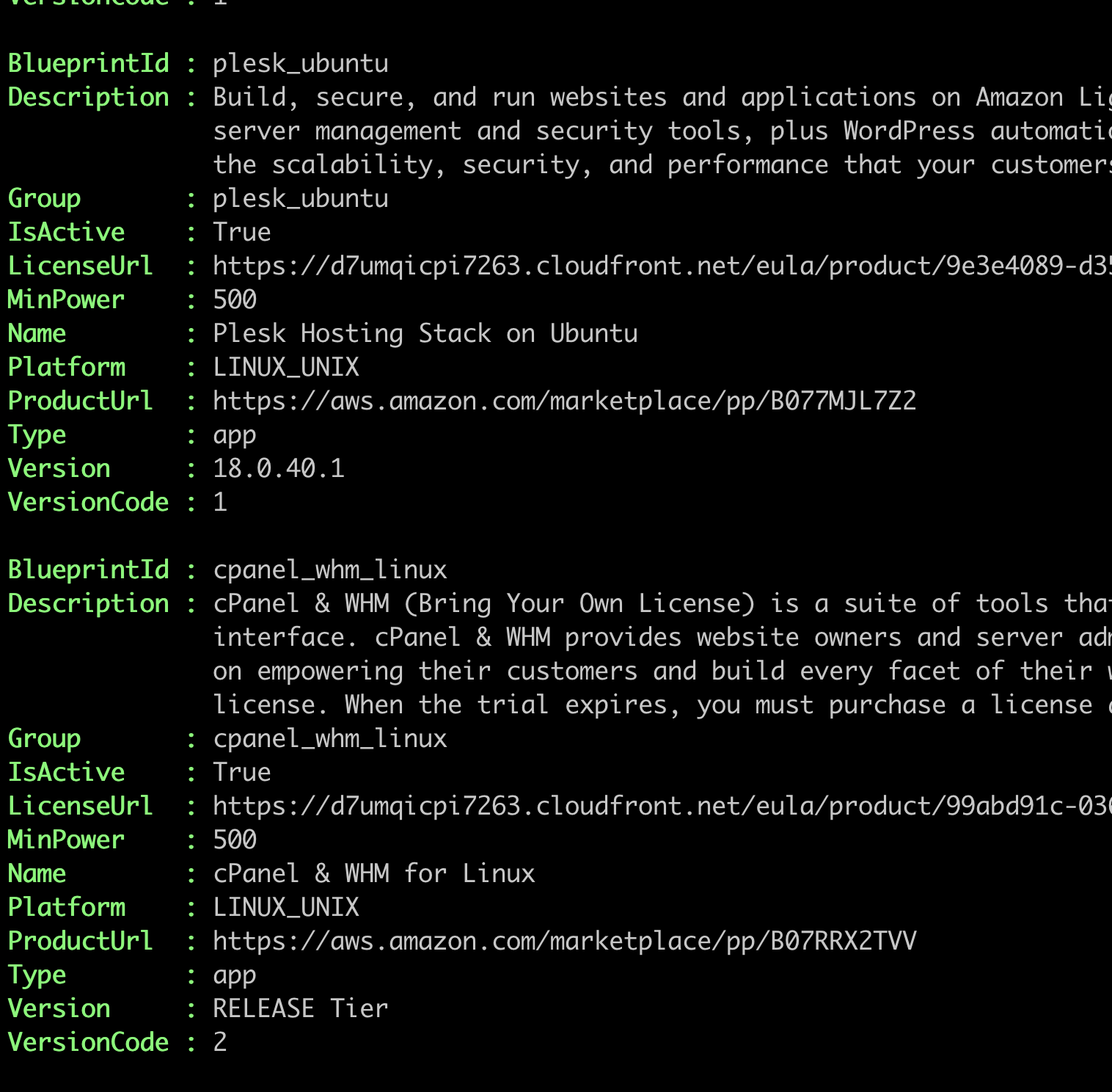 Screenshot of the terminal showing the results of Get-LSBlueprintList cmdlet
