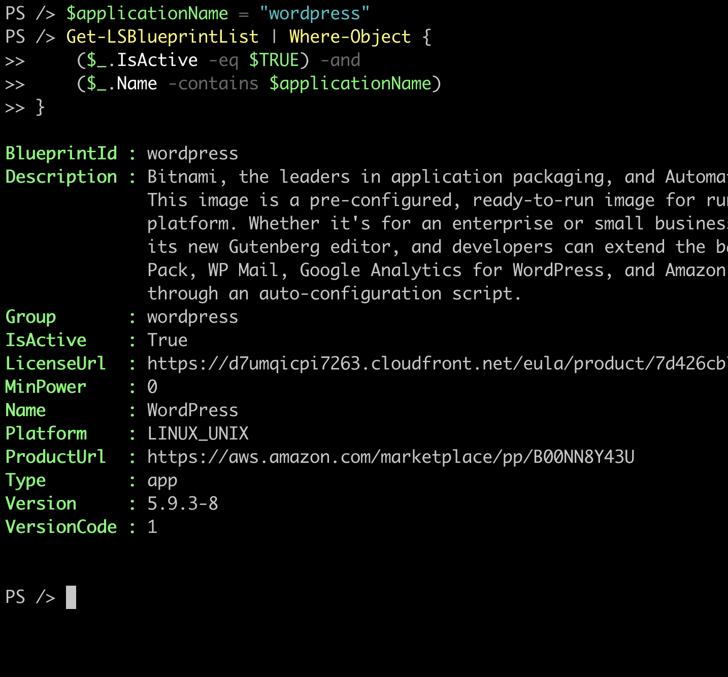 Screenshot of the terminal showing the results of Get-LSBlueprintList cmdlet with contains filter, filtering by the word wordpress and isactive set to true