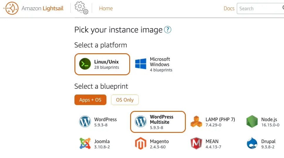 Screenshot of Amazon Lightsail dashboard instance selection page with wordpress-multisite highlighted