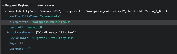 Screenshot of captured API call showing wordpress_multisite as blueprintid