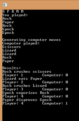 Rock Paper Scissors Lizard Spock sample output