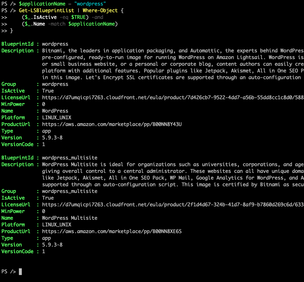 Screenshot of Powershell script showing both wordpress and wordpress_nultisite results