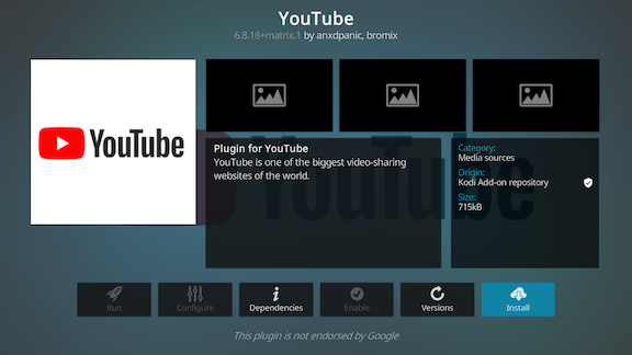 YouTube add-on properties with Install button highlighted