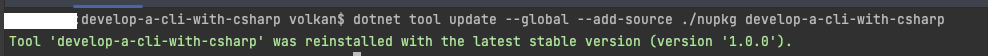 Terminal window showing the output of dotnet tool update command