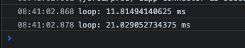 Output of timeLog function showing the time it took for a loop